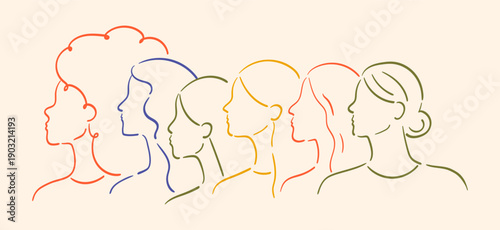 Group of women of different cultures, ethnicities and ages standing together as a symbol of equality, feminism and support. Minimalistic line art vector illustration of female profile silhouettes