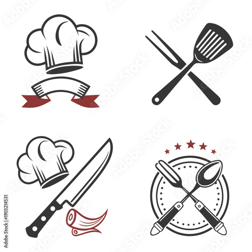 A collection of cooking utensils and symbols representing culinary arts and restrictions. Vector