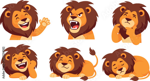 Cute Cartoon Lion Face and Pose Set with Emotional Expressions Funny Wild Animal Characters for Kids Nursery and Creative Design
