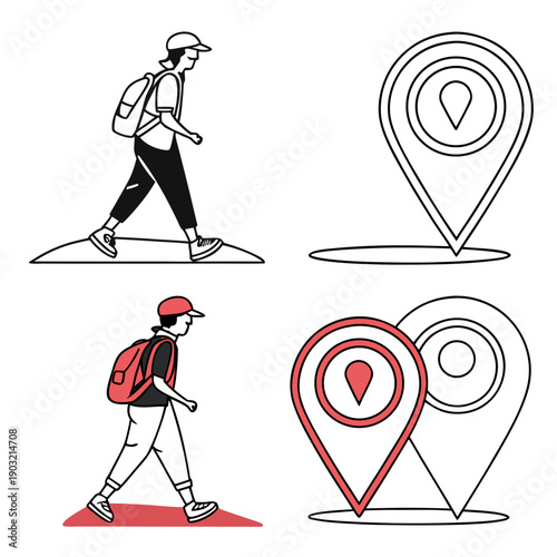 A collection of icons depicting people walking, running, and using mobility aids. Vector