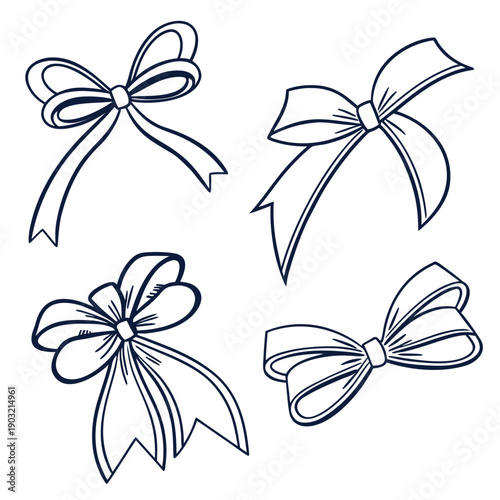 Four distinct bows with varying ribbon styles and designs Vector