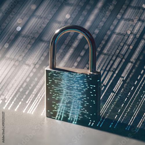 A metallic digital security lock with glowing abstract data patterns