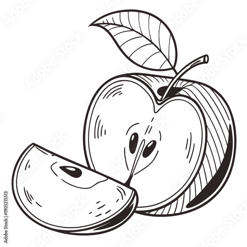 A whimsical illustration of a smiling apple with a slice taken out of it.