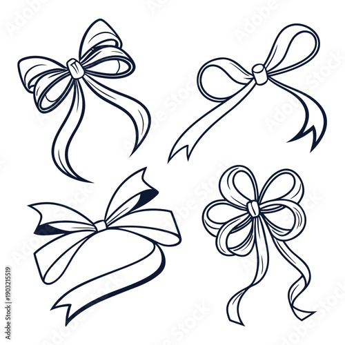 Four elegantly drawn ribbon bows in various styles and orientations Vector