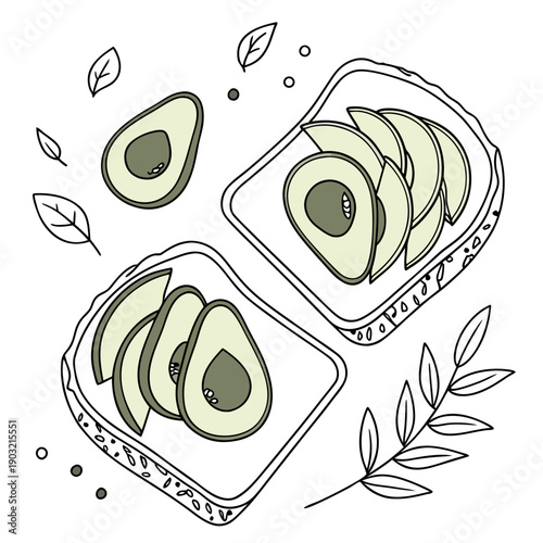 Artistic illustration of sliced avocado on toast with fresh herbs and flowers