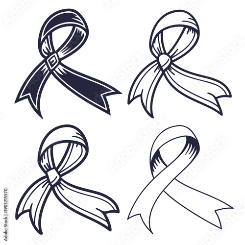 Four distinct ribbon designs each with a unique bow and color pattern. Vector