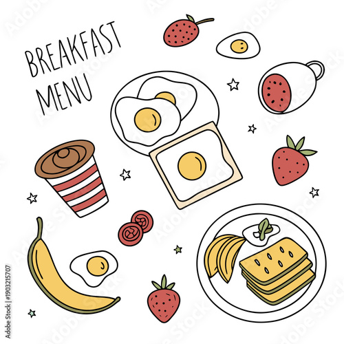 A delightful array of breakfast foods and drinks, including pancakes, waffles, eggs, and fruit