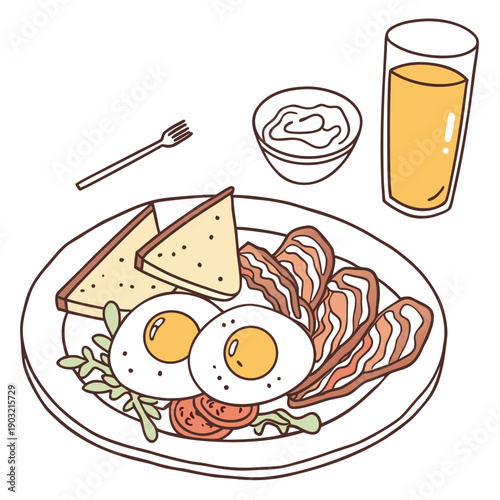 A hearty breakfast featuring eggs, bacon, toast, and a side of beans
