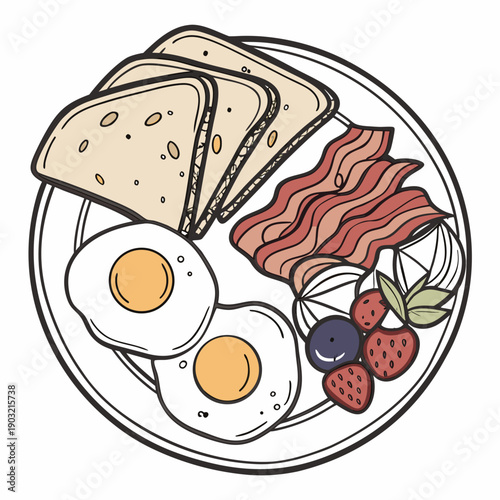 A hearty breakfast spread featuring eggs, bacon, toast, and fresh fruit.