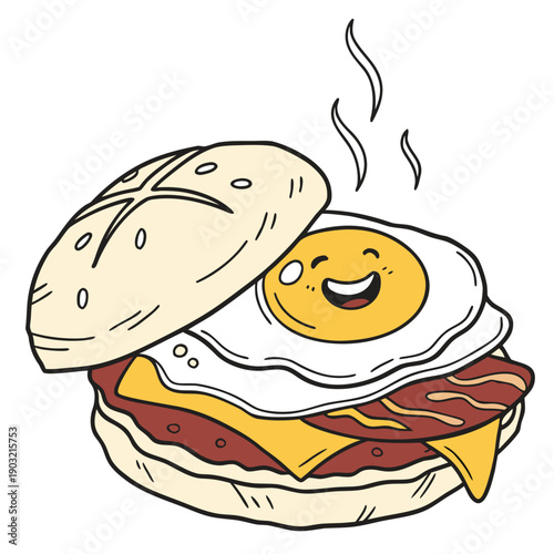 A delicious breakfast sandwich with a happy egg and melted cheese