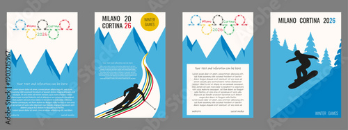 2026 Winter Games in Milano vertical poster cover set. Vector sportsman silhouette  abstract mountains background and typography. 