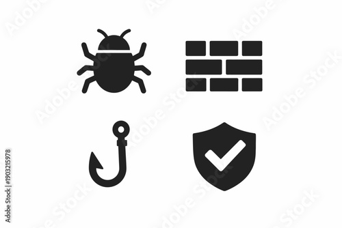 Cybersecurity icons: bug, firewall, phishing, protection shield symbols