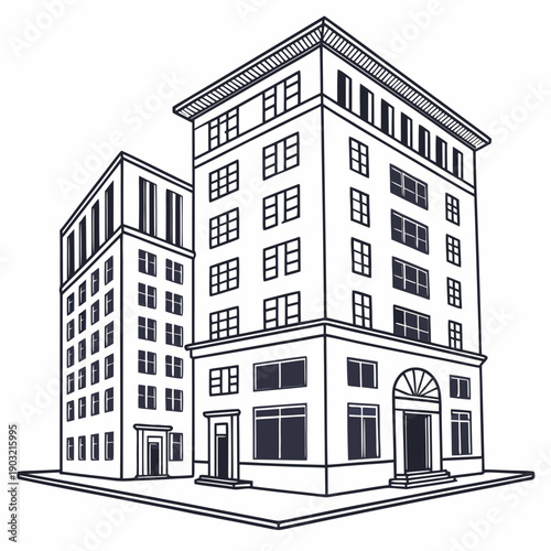 A detailed illustration of a large, multi-story building with architectural details.