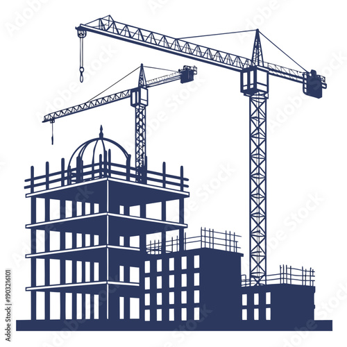 Construction site with cranes and partially built structures in progress