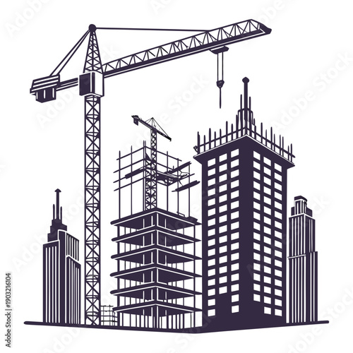 A bustling cityscape with towering buildings and a large construction crane