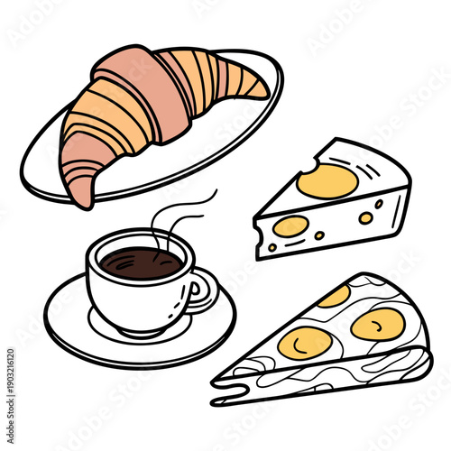 A delightful assortment of breakfast pastries and a steaming cup of coffee.