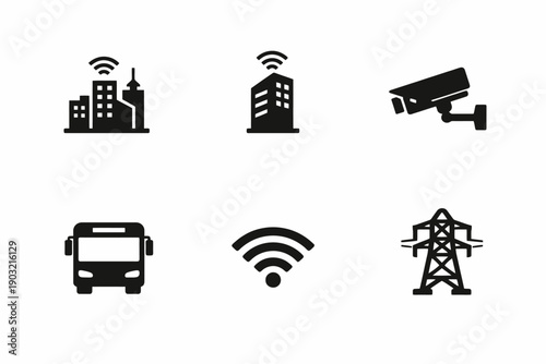 Smart city icons: connectivity, surveillance, transport, and power