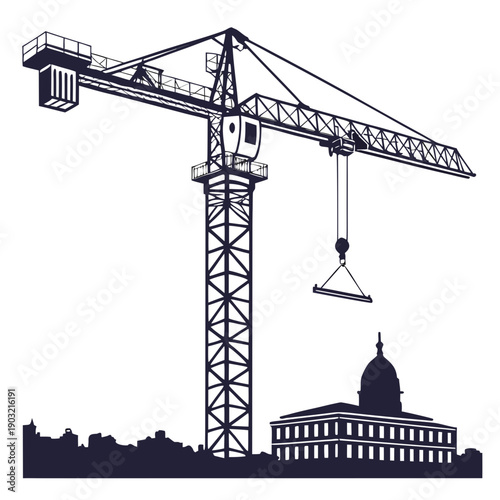 A towering crane hoists a load in front of a prominent government building.