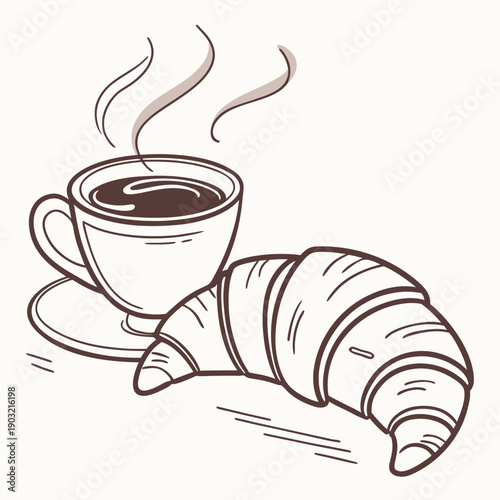 A steaming cup of coffee accompanied by a freshly baked croissant