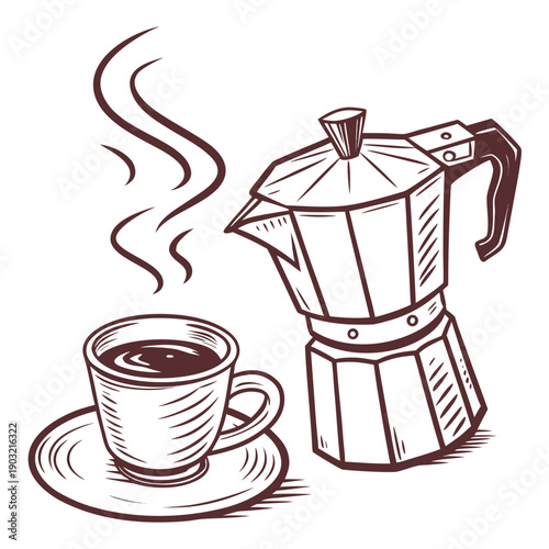 A steaming cup of coffee next to a traditional stovetop espresso maker.