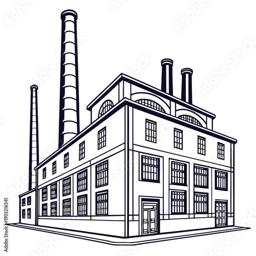 A detailed illustration of an old industrial factory with multiple chimneys