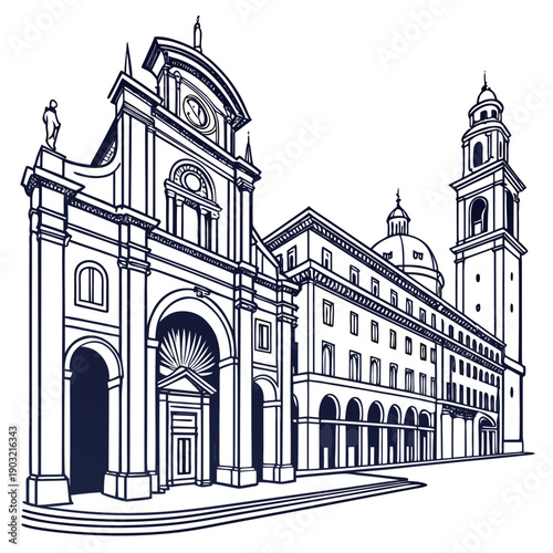 A grand baroque church with intricate architectural details and twin bell towers