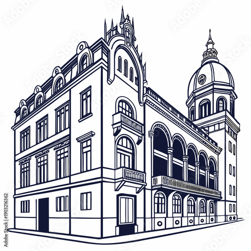 Intricate architectural design of a historic building with ornate details and multiple windows