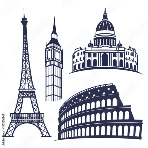 Iconic landmarks from around the world illustrated in a vintage style