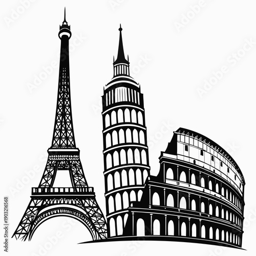 Iconic landmarks of the world depicted in a single illustration