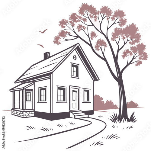 A charming house with a blooming tree in front on a quiet street