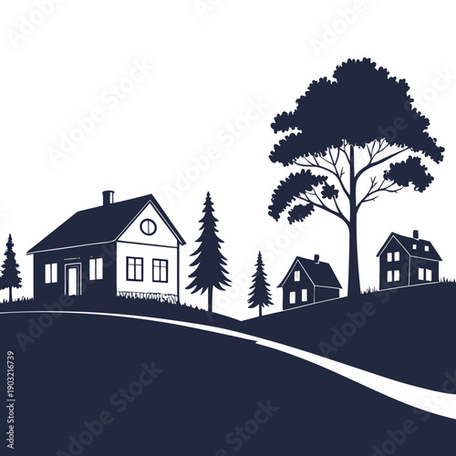 A picturesque countryside scene with houses nestled among trees on a hillside.