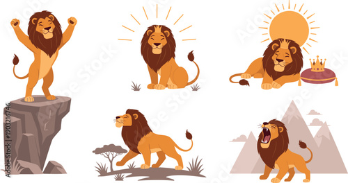 Cute Cartoon Lion Illustration Set with Different Poses King of the Jungle Wild Animal Characters for Kids and Creative Design