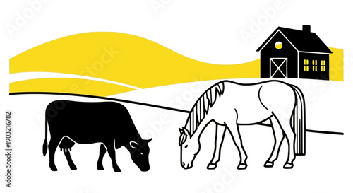 Rural landscape illustration featuring grazing cow and horse, a barn, and yellow hills. Minimalist vector graphics.