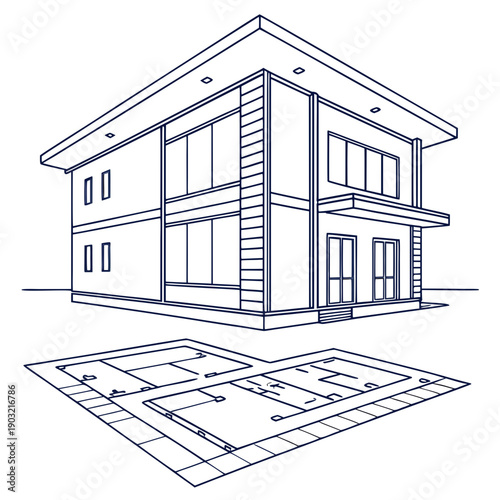 Architectural drawing of a modern three-story building with detailed floor plan
