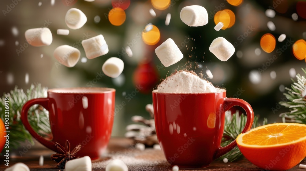 Obraz premium Cozy Warm Holiday Drinks with Marshmallows and Oranges on a Festive Table with Christmas Lights