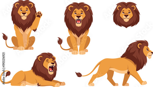 Cute Cartoon Lion Illustration Set with Standing Sitting Walking and Roaring Poses Friendly Wild Animal Characters