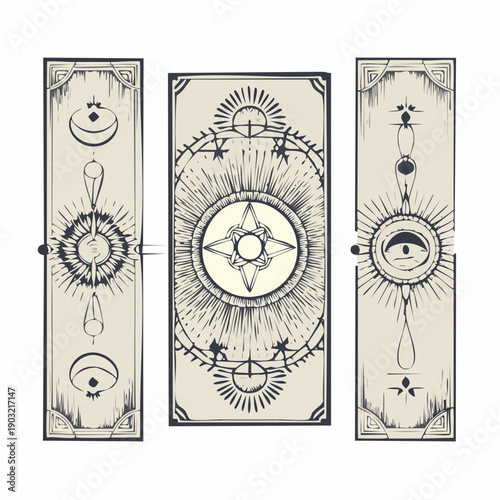 Three vertical rectangular illustrations of celestial and mystical symbols with sun, moon, stars on beige background with black outlines.