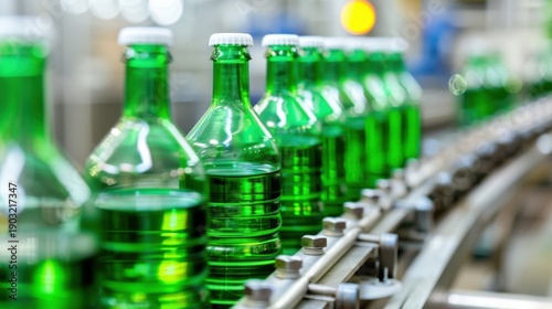 Wallpaper Mural Green Plastic Bottles on Production Line at Beverage Factory with Blurred Background for Industrial Beverage Manufacturing Torontodigital.ca