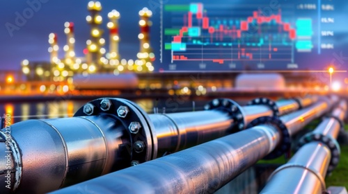 Wallpaper Mural Industrial Piping with Urban Background and Financial Data Visualization at Dusk Torontodigital.ca