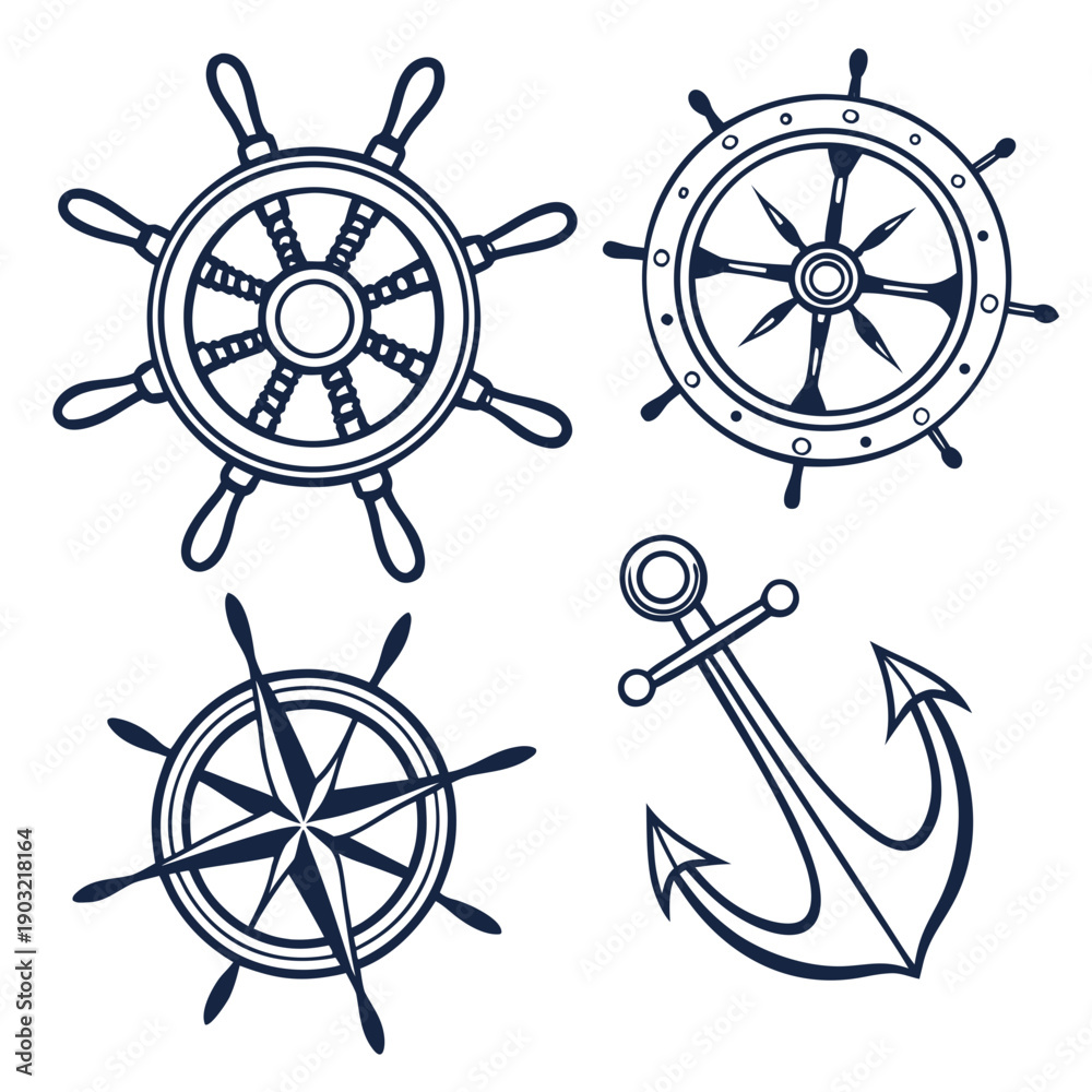 Obraz premium A collection of nautical-themed illustrations featuring ship wheels and an anchor. Vector