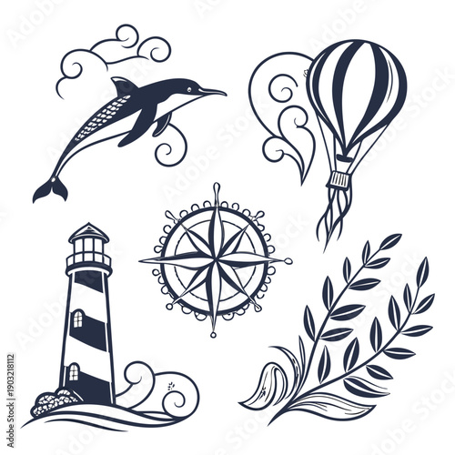 Illustration of a lighthouse, dolphin, hot air balloon, compass, and leaves Vector