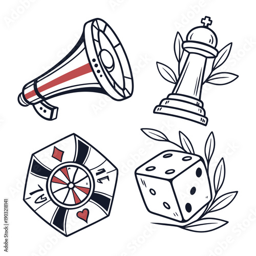 A collection of vintage and modern board game pieces and accessories Vector