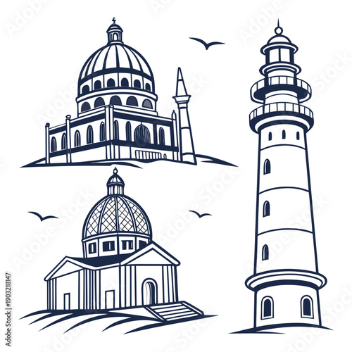 Historical landmarks and architectural structures illustrated in a vintage style Vector