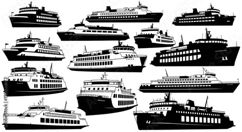 Collection of Ferry Boat Silhouettes Isolated on White Background.