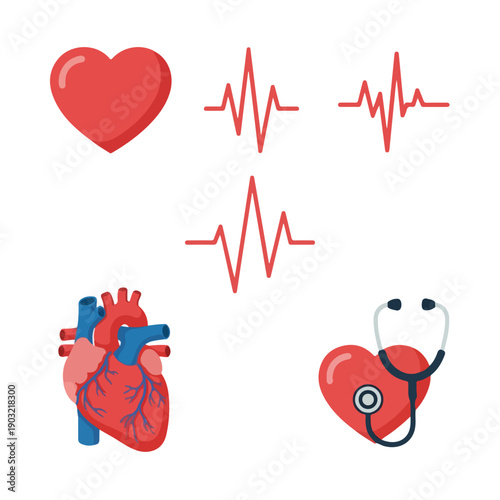 A flat lay illustration of medical icons, including a heart, stethoscope, and ECG lines, on a clean white background with a cute and cartoon style conveying a health theme.