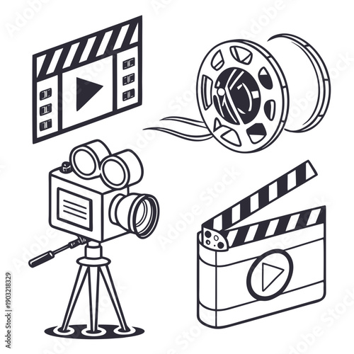 A collection of vintage film and camera equipment illustrated in black and white. Vector