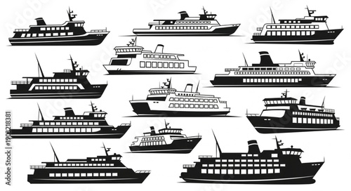 Collection of Ferry Boat Silhouettes Vector Illustration.