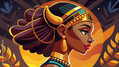 Very beautiful profile portrait of a young dark-skinned African girl wearing a national headdress and gold jewelry, highlighting cultural identity, elegance, and timeless African beauty.