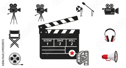 Collection of film and movie production equipment icons.