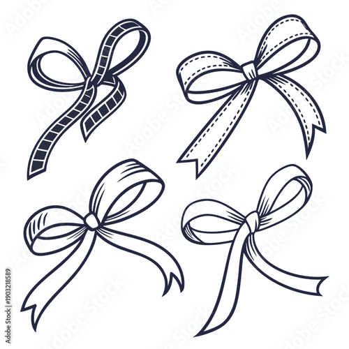 A collection of four different types of bows with ribbons drawn in a simple line art style Vector